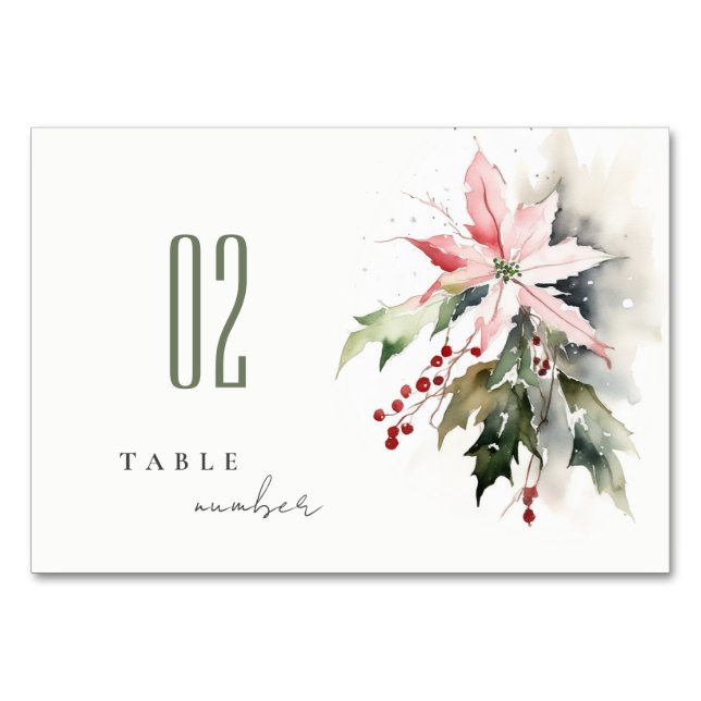 Poinsettia Berries Foliage Watercolor Wedding Table Number (Front)