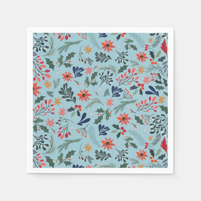 Poinsettia Berries Leaves Holiday Christmas Napkin (Front)