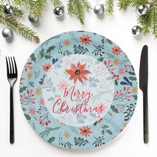 Poinsettia Berries Leaves Holiday Christmas Paper Plate