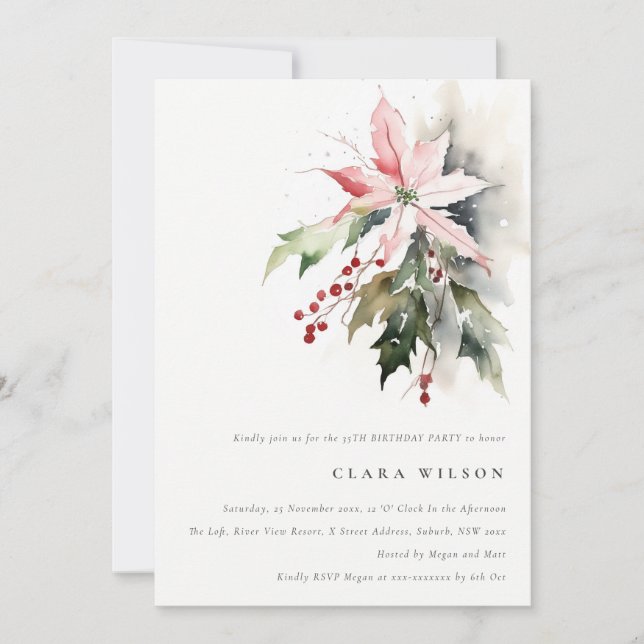 Poinsettia Berry Foliage Watercolor Birthday Invitation (Front)