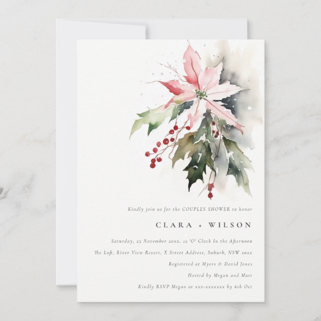 Poinsettia Berry Foliage Watercolor Couples Shower Invitation (Front)