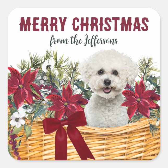 Poinsettia Bichon Frise Dog Christmas Basket Square Sticker (Front)