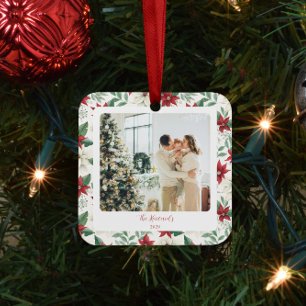 Poinsettia Border Rounded Holiday Ceramic Ornament