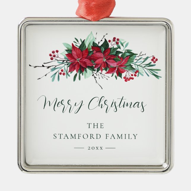 Poinsettia Botanical Christmas Holiday Family Metal Ornament (Front)