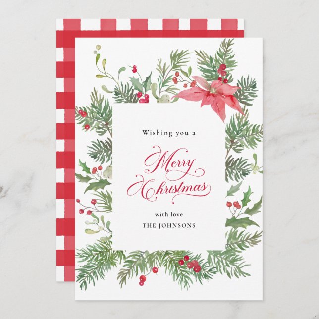Poinsettia Botanical Red Plaid Christmas Holiday Card (Front/Back)