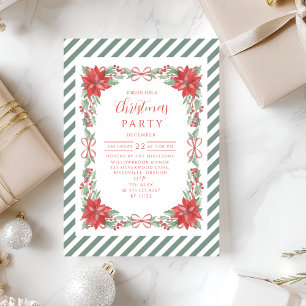 Poinsettia Botanical Stripe Christmas Invitation