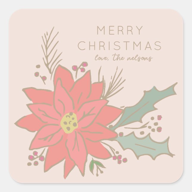 Poinsettia boughs and banners square sticker (Front)