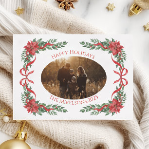 Poinsettia Bow Photo Christmas Holiday Card
