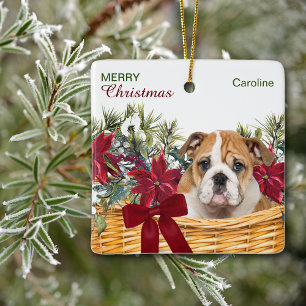 Poinsettia Bulldog Puppy Christmas Basket Ceramic Ornament