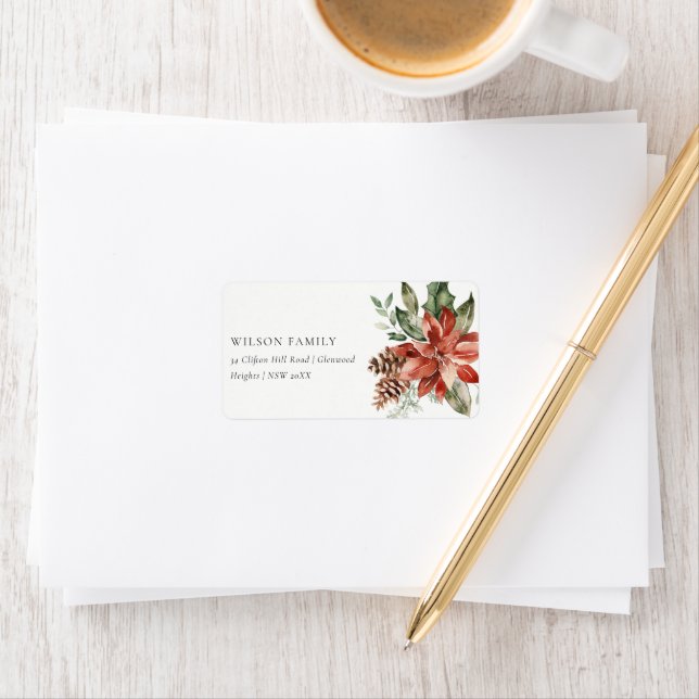 Poinsettia Bunch Merry Christmas Pine Address Label (Insitu)