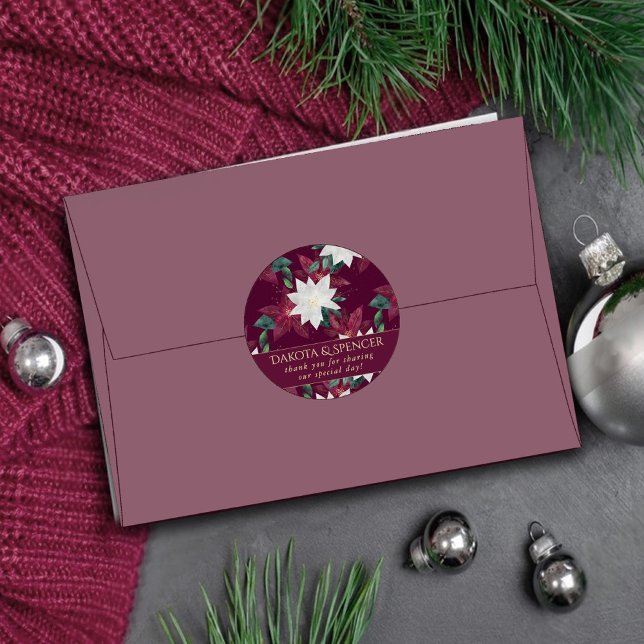 Poinsettia Burgundy and Teal Holiday Wedding Classic Round Sticker (Creator Uploaded)