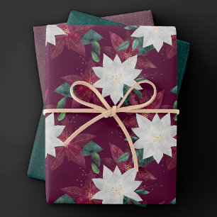 Poinsettia Burgundy and Teal Winter Holiday Floral Wrapping Paper Sheet