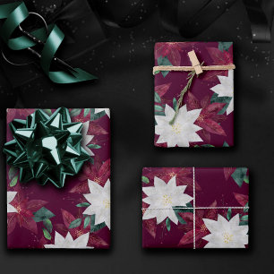 Poinsettia Burgundy and Teal Winter Holiday Floral Wrapping Paper Sheet