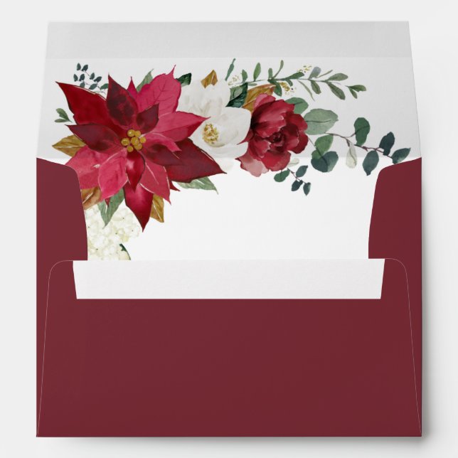Poinsettia Burgundy Red Gold White Floral Wedding Envelope (Back (Bottom))