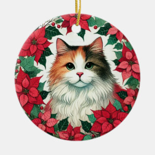 Poinsettia Calico Cat Christmas Ceramic Ornament