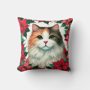 Poinsettia Calico Cat Christmas Cushion