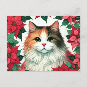 Poinsettia Calico Cat Christmas Postcard