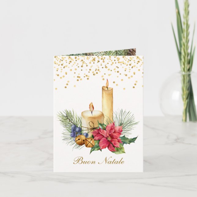 Poinsettia, candles, pine, bells Italian Christmas Holiday Card (Front)