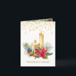 Poinsettia, candles, pine, bells Polish Christmas Holiday Card<br><div class="desc">Elegant Polish Christmas card with Poinsettia,  golden candles,  pine branchlet,  holly,  berries and sleigh bells. On the top of the card - golden effect confetti. The Polish text in front of the card says: Merry Christmas. Inside in Polish too: Merry Christmas and a happy New Year</div>