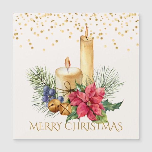 Poinsettia, candles, pine Christmas magnetic card (Front)