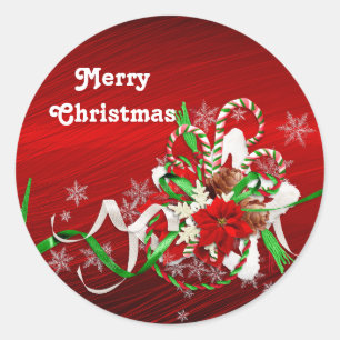 Poinsettia Candy Cane Bouquet Christmas Classic Round Sticker