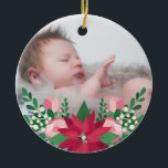 Poinsettia & Chalkboard | Baby's First Christmas Ceramic Ornament<br><div class="desc">Pretty ornament to which you can add your own photo in honour of your baby's first Christmas. It's decorated with a colourful floral arrangement consisting of poinsettia,  roses,  and mistletoe.</div>