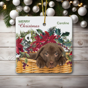 Poinsettia Chocolate Labrador Christmas Basket Ceramic Ornament