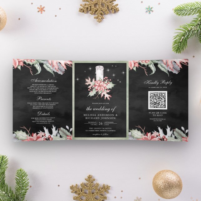 Poinsettia Christmas Candle QR Code Black Wedding Tri-Fold Invitation (Creator Uploaded)