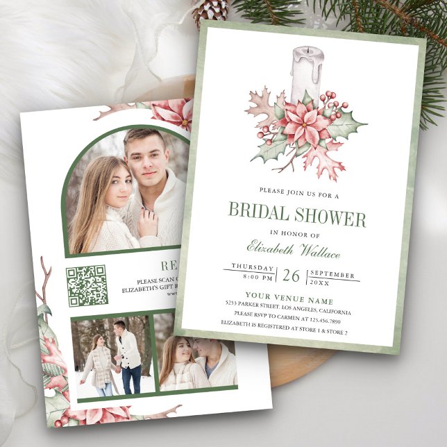 Poinsettia Christmas Candle QR Code Bridal Shower Invitation (Creator Uploaded)