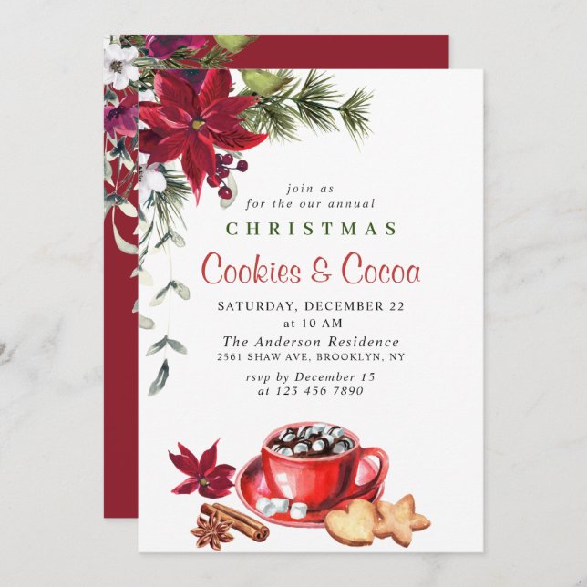 Poinsettia Christmas Cookies & Cocoa Holiday Party Invitation (Front/Back)