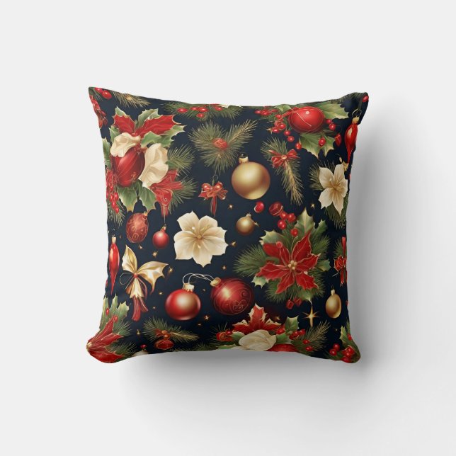 Poinsettia, Christmas decorations in gold and red Cushion (Front)