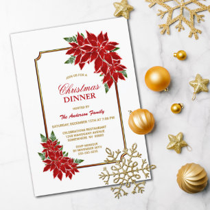 Poinsettia Christmas Dinner Gold Bordered Invitation
