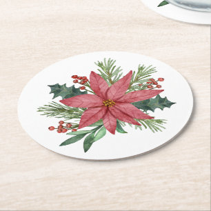 Poinsettia Christmas Floral Just Married Wedding Round Paper Coaster