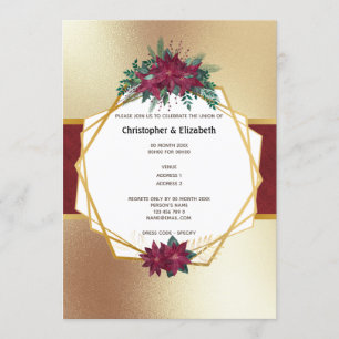 Poinsettia Christmas flower gold Burgundy wedding Invitation