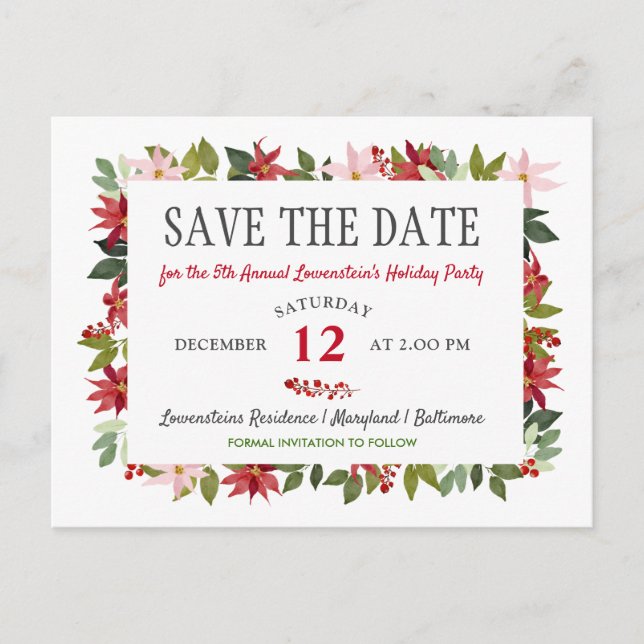 Poinsettia Christmas Holiday Party Save The Date  Announcement Postcard (Front)