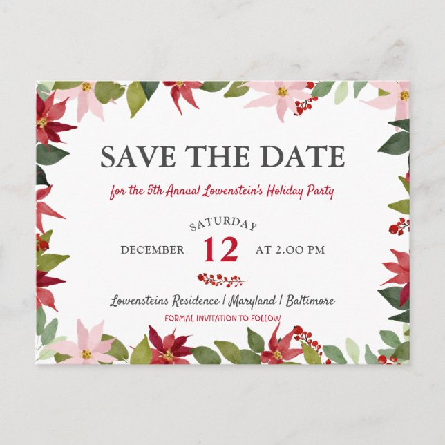 Poinsettia Christmas Holiday Party | Save The Date Announcement Postcard (Front)