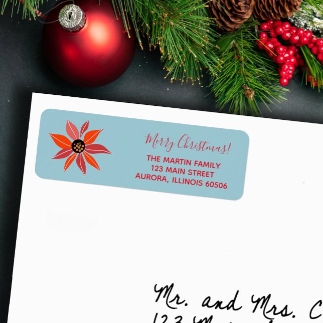 Poinsettia Christmas Holiday Return Address Label (Red poinsettia Christmas holiday return address labels)