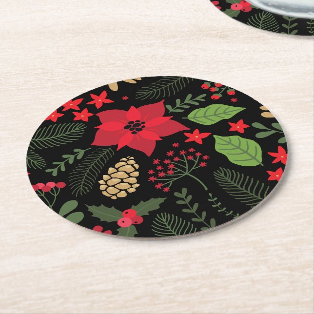 Poinsettia Christmas Holiday Round Paper Coaster (Angled)