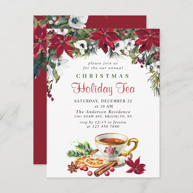 Poinsettia Christmas Holiday Tea Invitation Card (Front/Back)