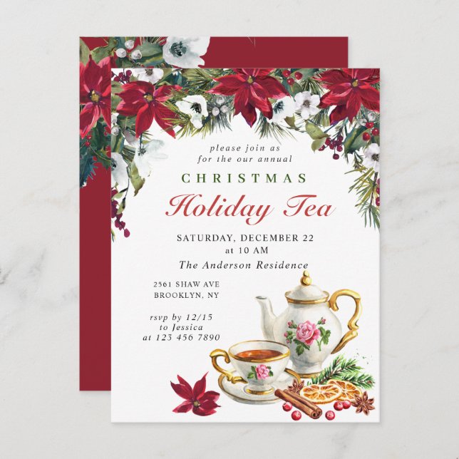 Poinsettia Christmas Holiday Tea Invitation Card (Front/Back)