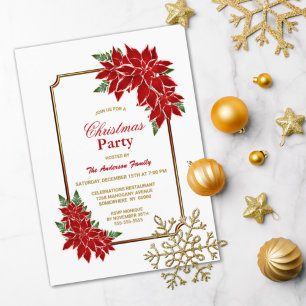 Poinsettia Christmas Party Gold Bordered Invitation