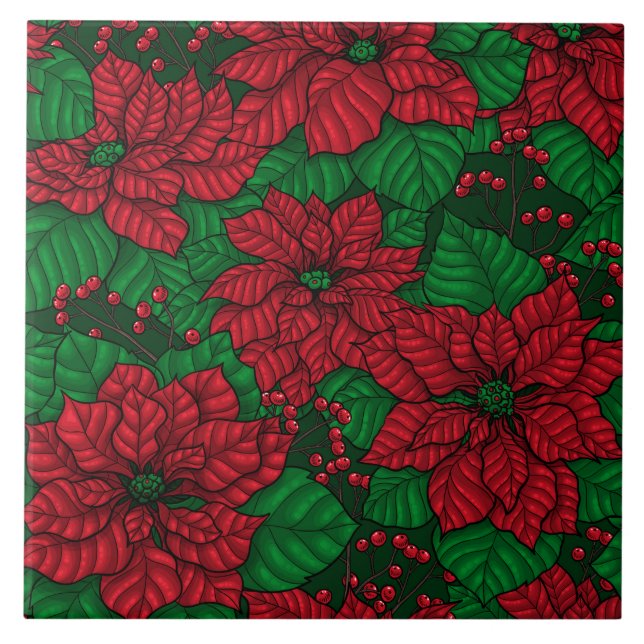 Poinsettia, Christmas pattern Ceramic Tile (Front)