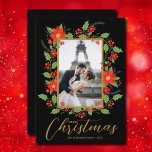 Poinsettia Christmas Photo Holiday Card<br><div class="desc">Poinsettias, berries and greenery accent your favourite photo with your names and greeting in chic lettering, a beautiful way to send holiday cheer. Use ANY font, font colour and background colour (we've used black) on the front and back. Select Matte for heaviest paper and high definition for best print quality....</div>