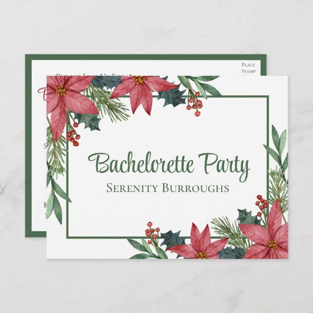 Poinsettia Christmas Red Floral Bachelorette Party Invitation Postcard (Front/Back)