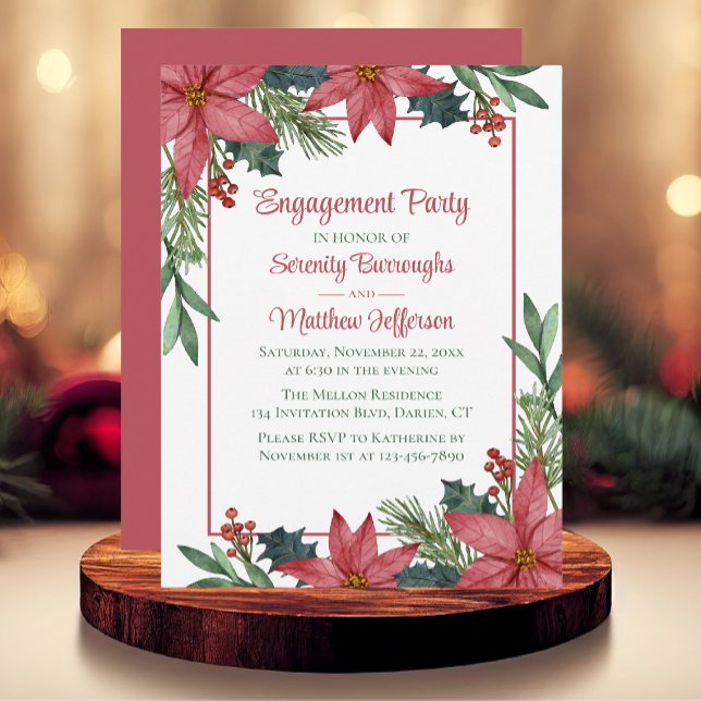 Poinsettia Christmas Red Floral Engagement Part Invitation (Creator Uploaded)