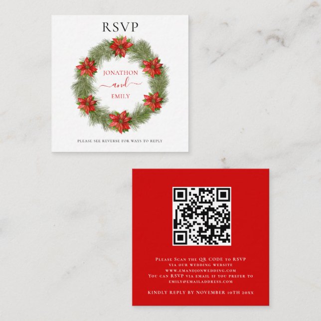 Poinsettia Christmas Wedding QR Code RSVP Enclosure Card (Front/Back)