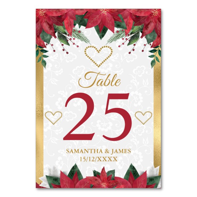 Poinsettia Christmas Winter Wedding Table Number (Front)