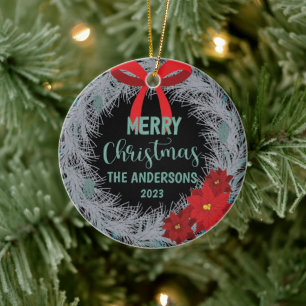 Poinsettia Christmas Wreath Family Name and Year Ceramic Ornament