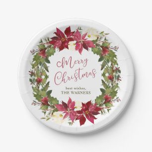 Poinsettia Christmas Wreath Personalised Paper Plate