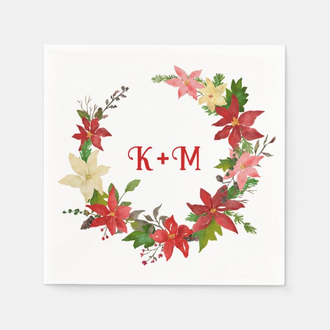 Poinsettia Christmas Wreath Wedding Monogram Napkin (Front)